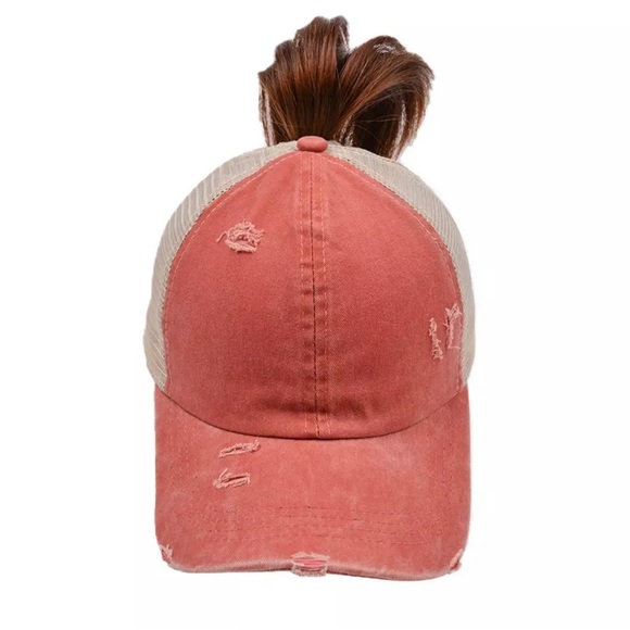 NWT “Perfectly Imperfect”Leather Patch Distressed Ponytail Trucker Hat - Picture 13 of 15